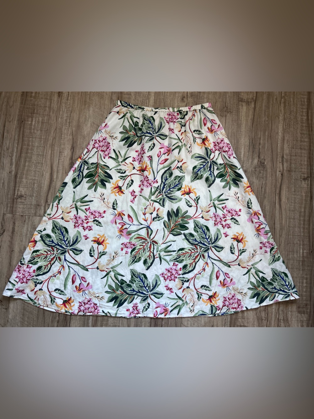 Linen blend Floral A-Line Midi Skirt in Cream with Green & Pink Floral Print - Picture 7 of 7